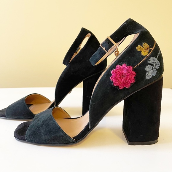 Nanette Lepore Shoes - Nanette Lepore Martina Suede Block Sandal Embroidered Ankle Strap Sandal